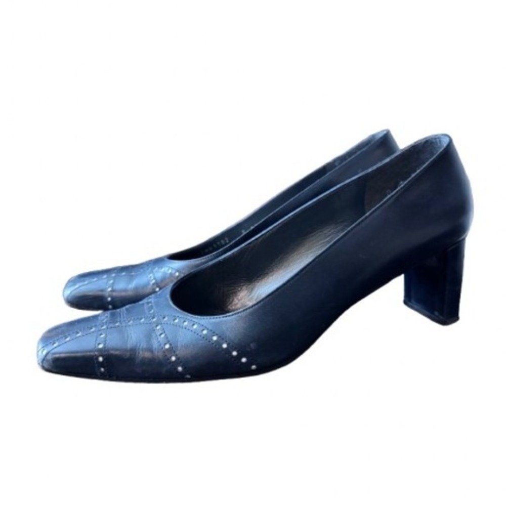 Stuart Weitzman 8AA Black Green Leather Square Toe Studded Block Heel Women